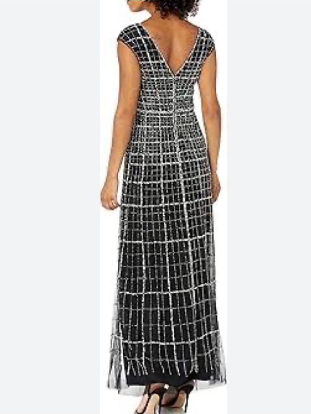 Adrianna Papell Black-and-Silver Grid Sequin V-Back Maxi Dress